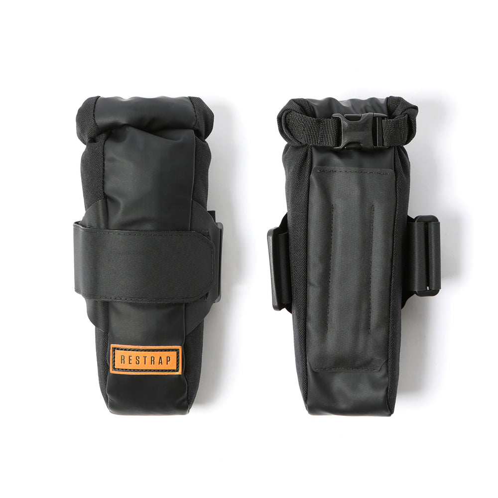 A black Restrap downtube bag featuring a roll-top closure and velcro strap, with padded hypalon back