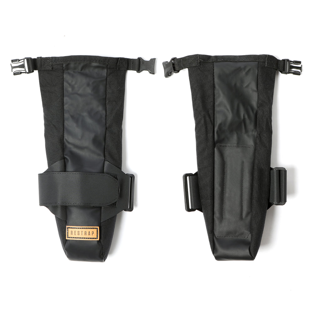 An open Restrap downtube bag featuring a roll-top closure and velcro strap, with padded hypalon back