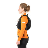 Female rider wearing the restrap race hydration vest, shown from a profile view