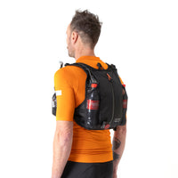 Rear of the Restrap race hydration vest on a white background, showing the side pockets loaded up with drinks