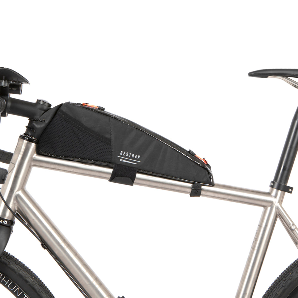 restrap race top tube bag mounted to a titanium bike