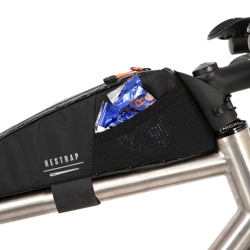 closeup of external pockets on restrap race top tube bag