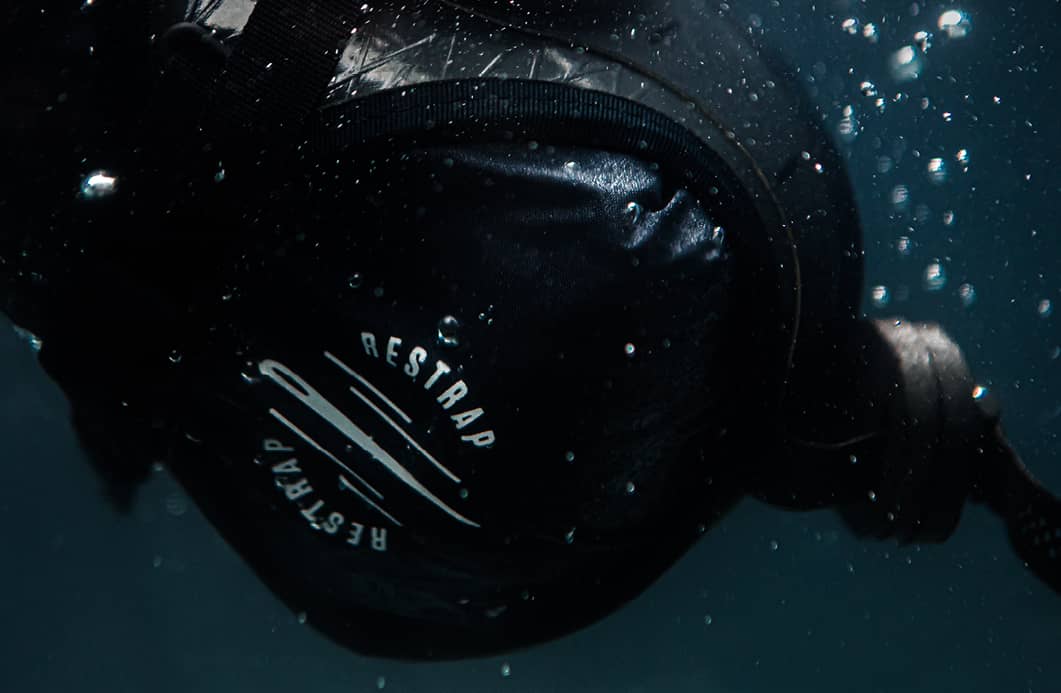 Restrap race saddle bag photographed underwater to demonstrate the waterproofing of the bag