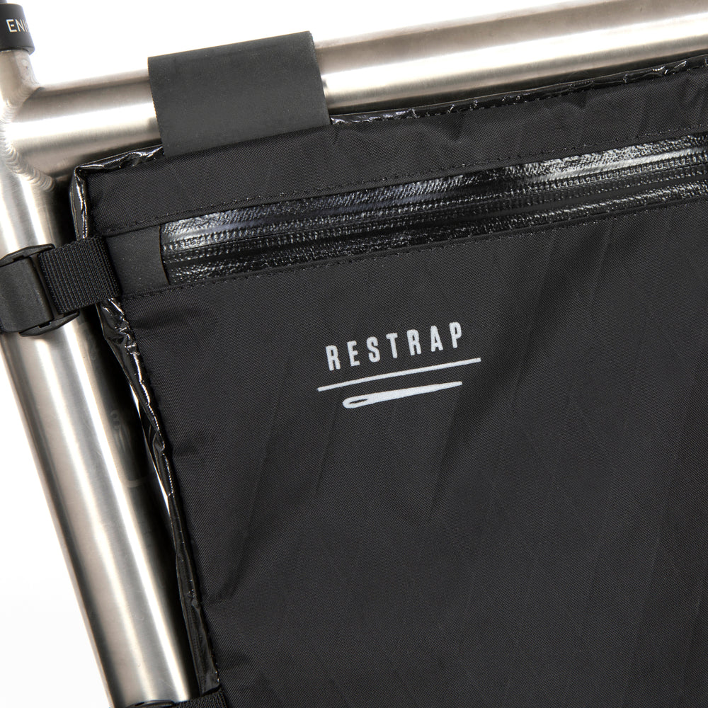 closeup image of the restrap custom frame bag in x21 or race range fabric