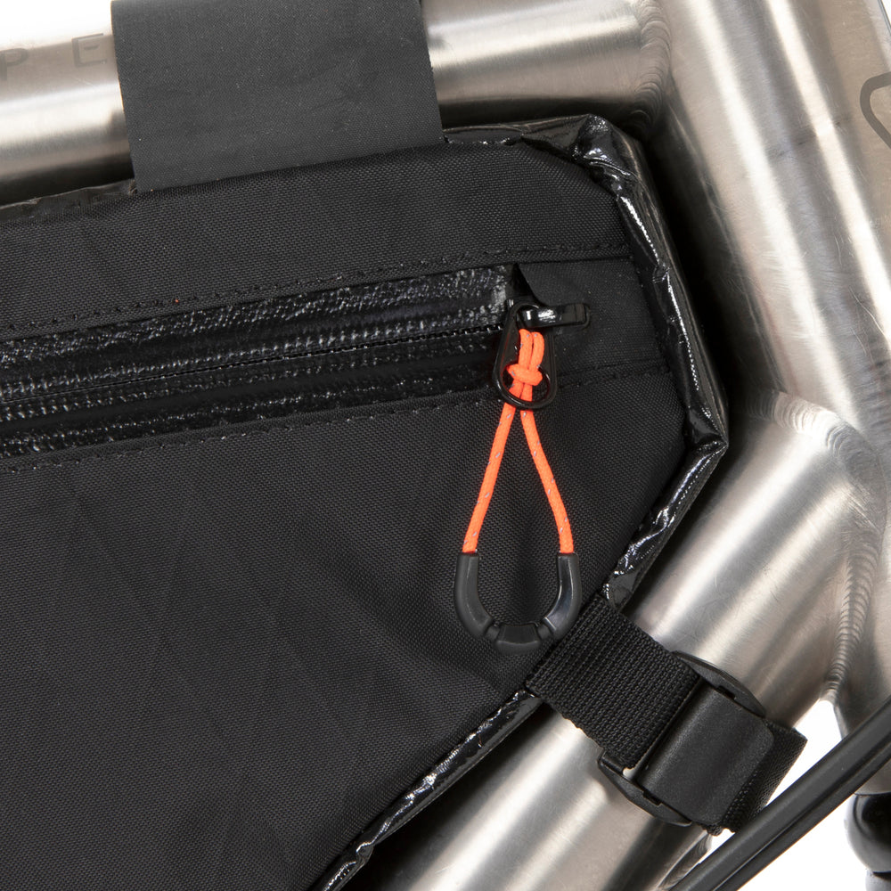 closeup image of the restrap custom frame bag in x21 or race range fabric