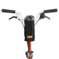 A black City Stem Bag with a capacity of 1 litre, attached to the handlebars of a folding bicycle.