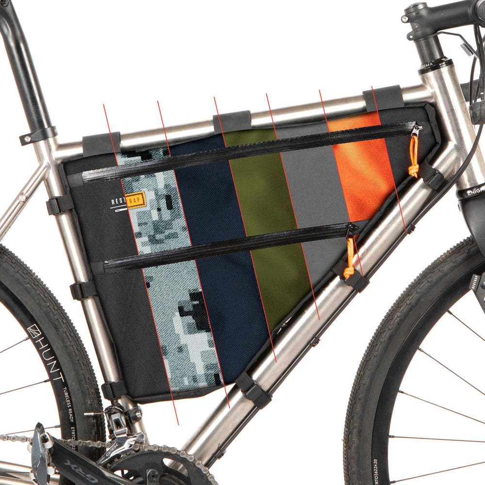 A custom frame bag attached to a bicycle frame, featuring the multiple options available.
