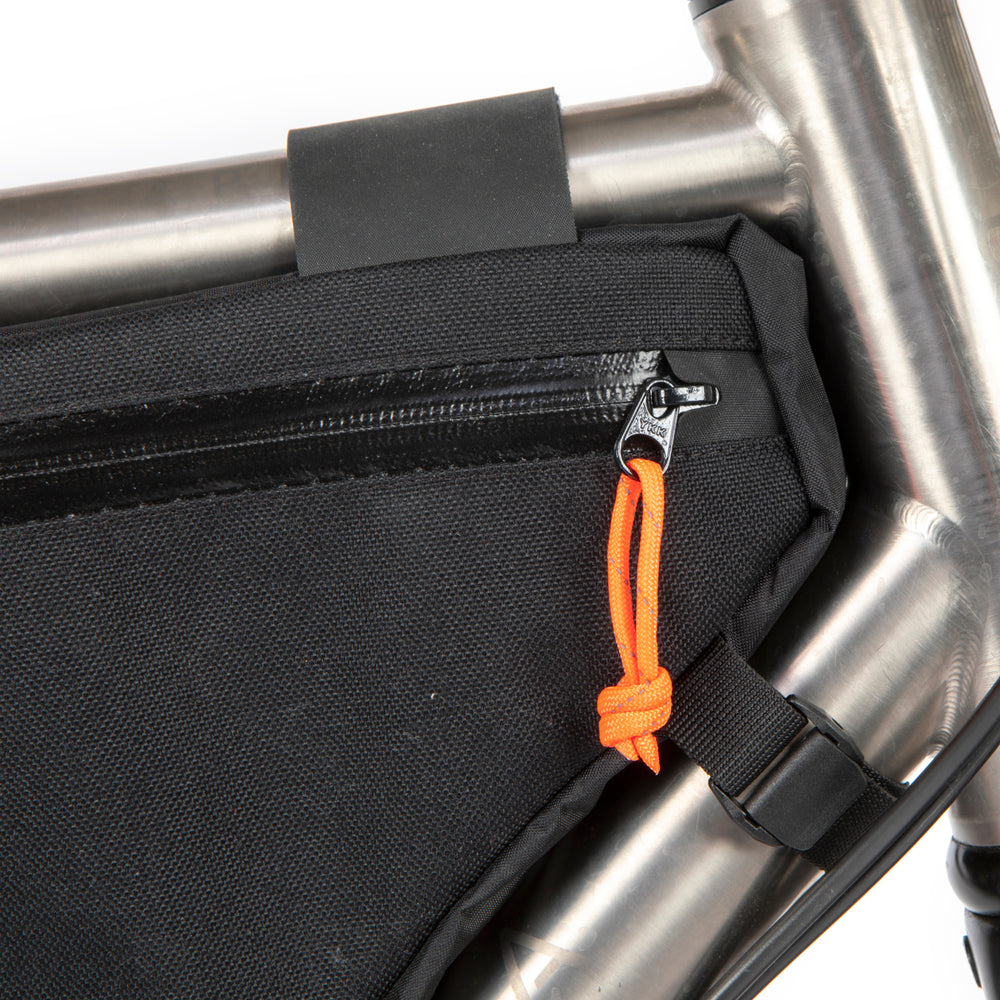 closeup of the zip on a restrap custom frame bag