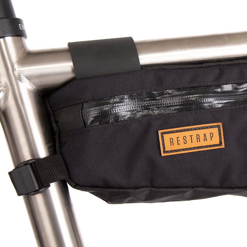 close up of the label on a large restrap frame bag