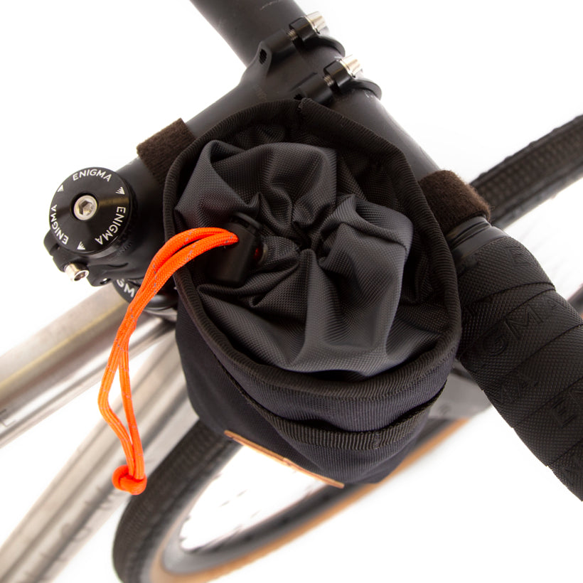 the top of a restrap stem bag, showing the gusset closure and drawstring